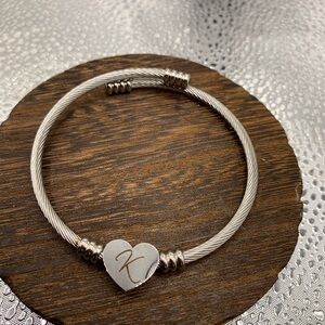 “A” or “K” initials Silver Heart Charm Bracelet Smooth Polished